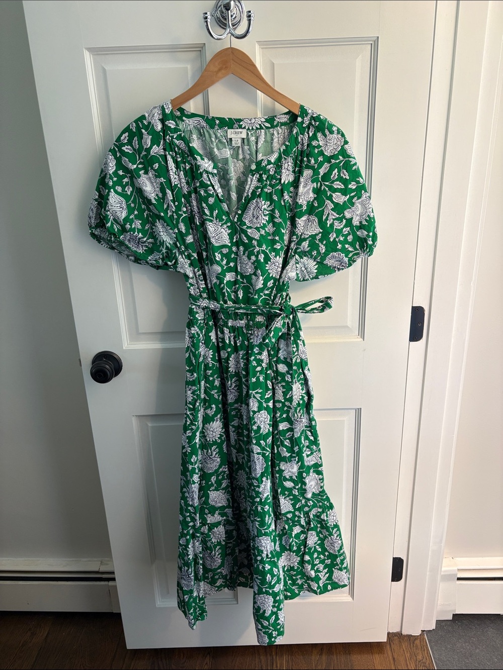 J. Crew Green and White Floral Wrap Midi Dress
